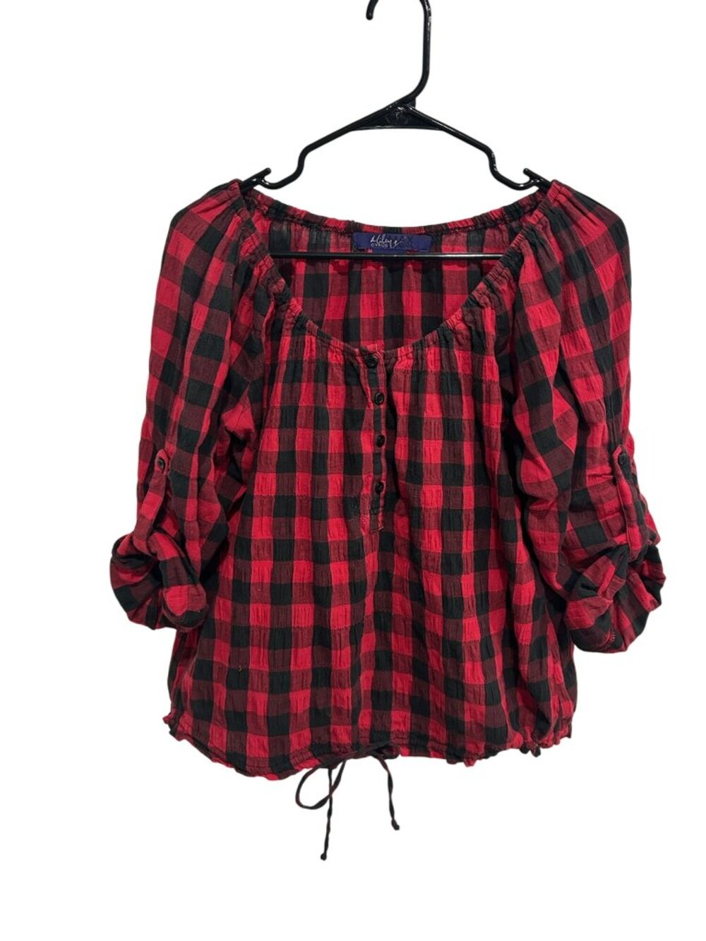 Miley Cyrus Max Azria Large Red Black Plaid Peasant Top Grungecore Retro